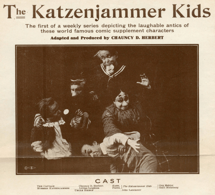 A newspaper ad featuring a sepia toned photo of men and women wearing exaggerated facial masks.